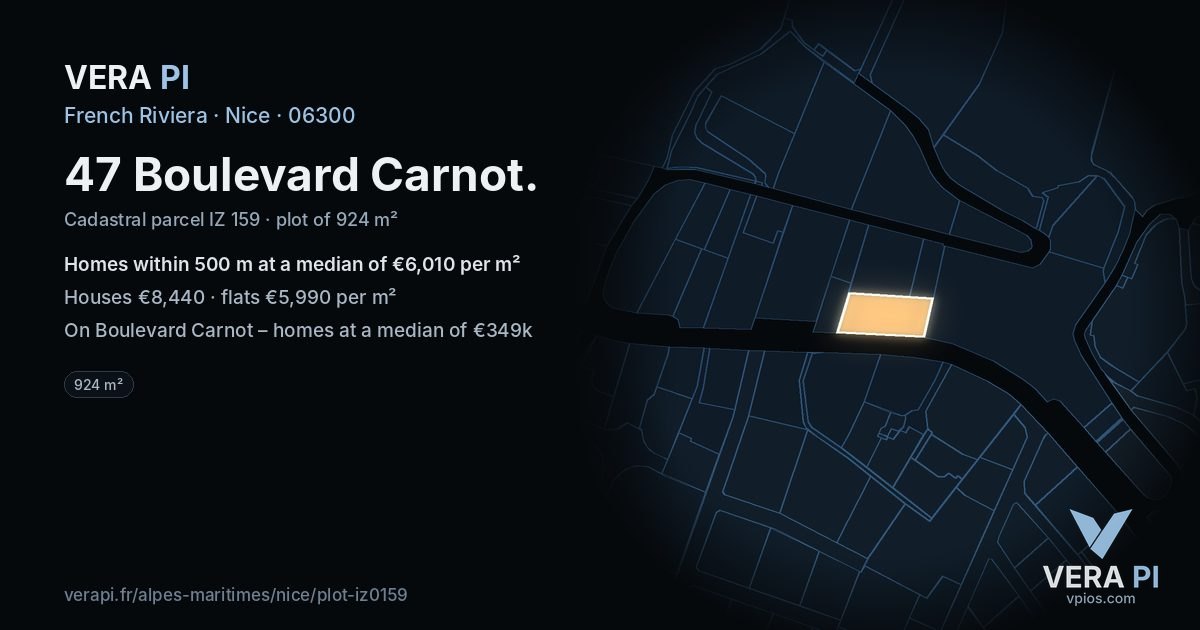 47 Boulevard Carnot, Nice at night – the plot lit, the parcels around coloured by the prices near them