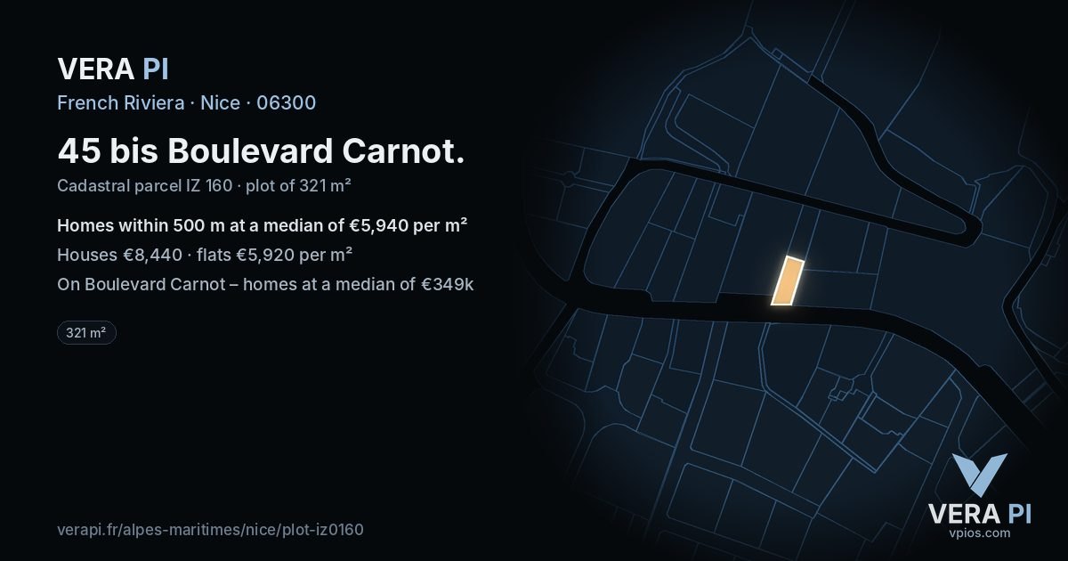 45 bis Boulevard Carnot, Nice at night – the plot lit, the parcels around coloured by the prices near them