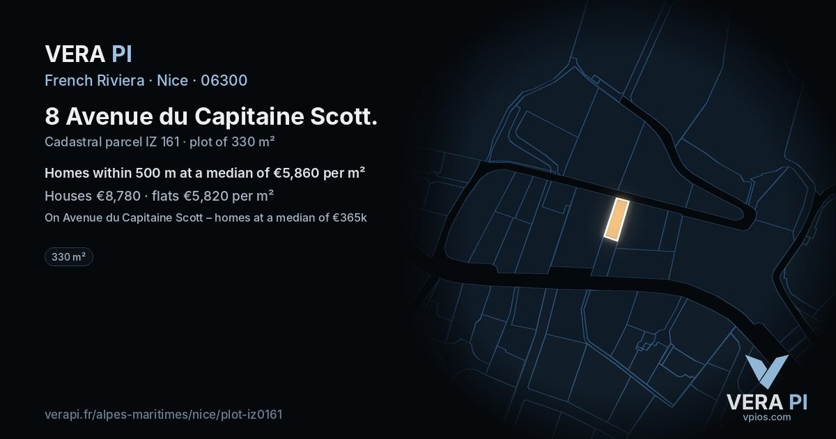 8 Avenue du Capitaine Scott, Nice at night – the plot lit, the parcels around coloured by the prices near them