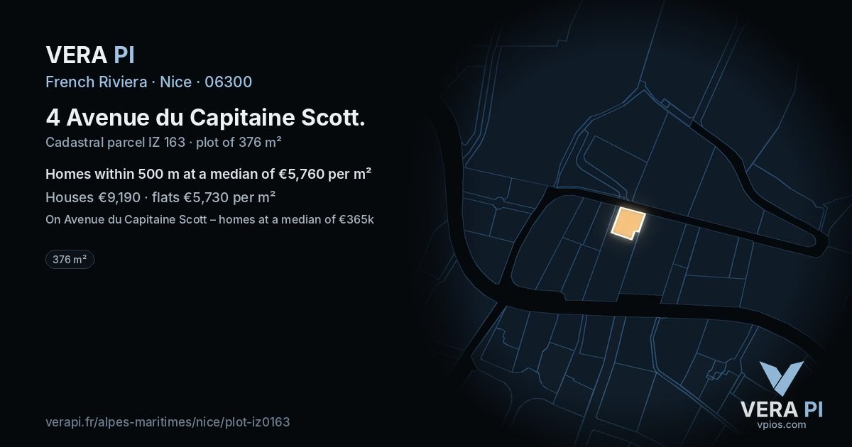4 Avenue du Capitaine Scott, Nice at night – the plot lit, the parcels around coloured by the prices near them