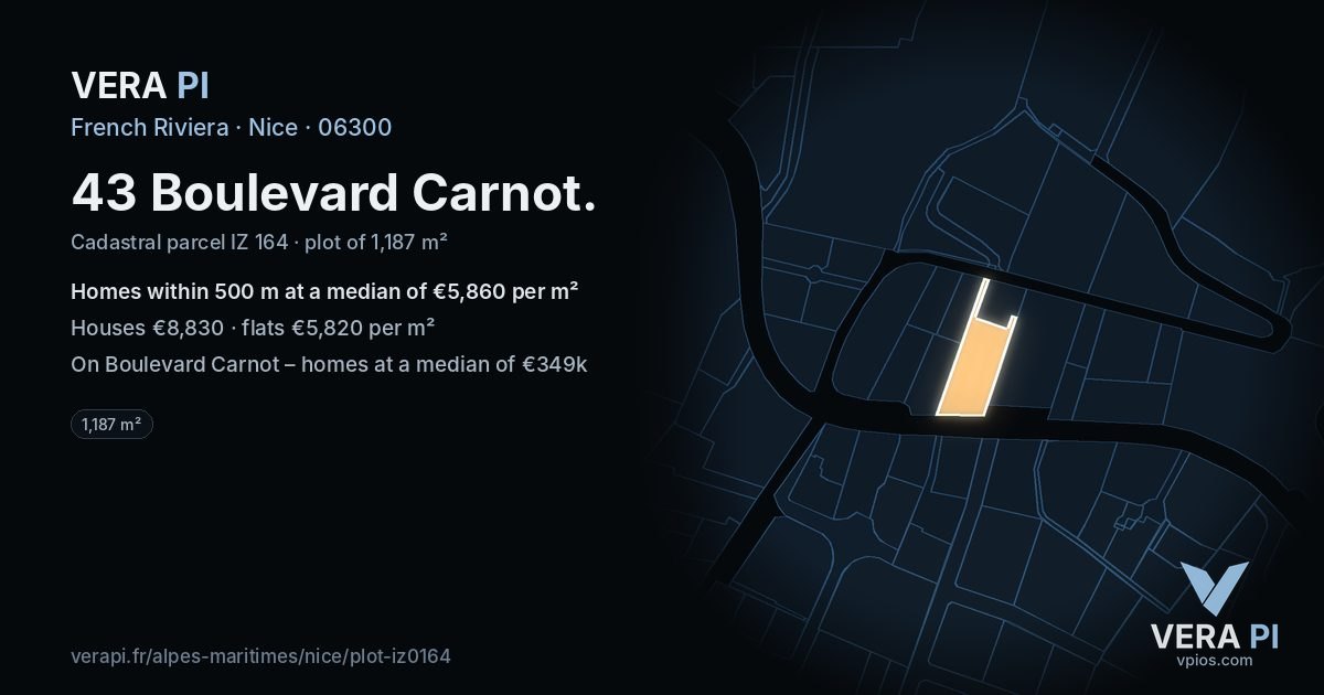 43 Boulevard Carnot, Nice at night – the plot lit, the parcels around coloured by the prices near them