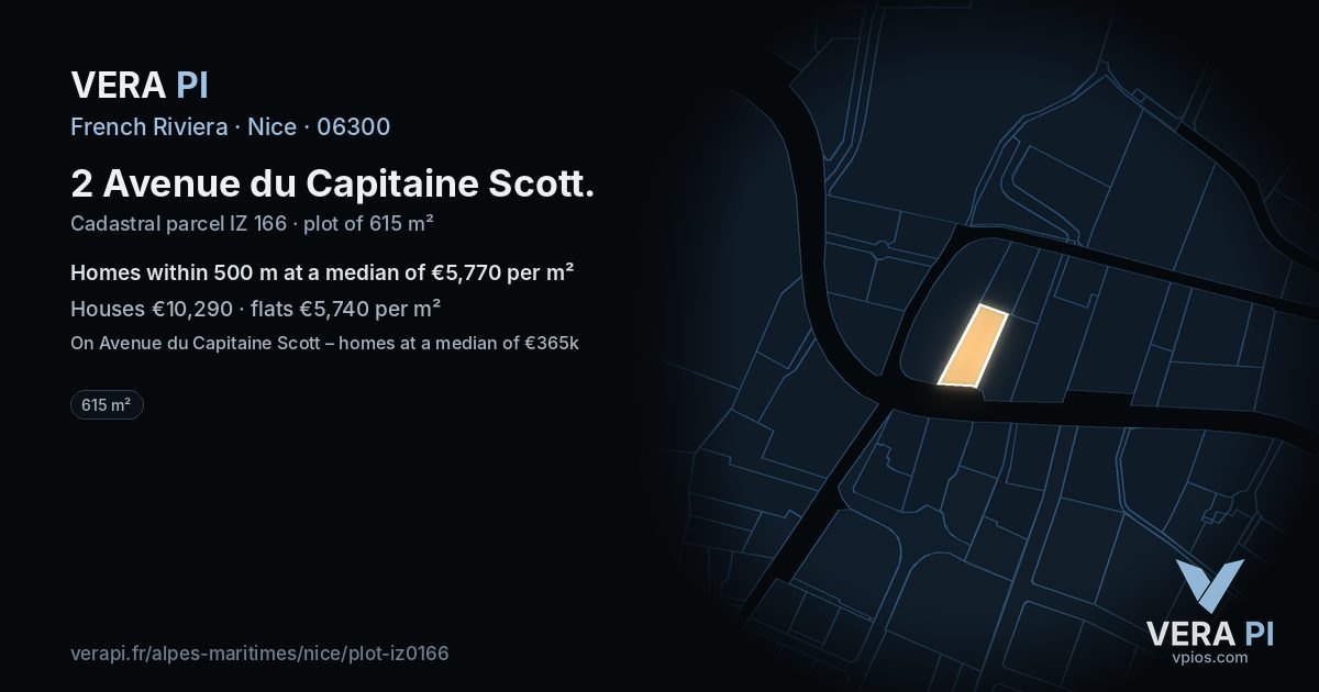 2 Avenue du Capitaine Scott, Nice at night – the plot lit, the parcels around coloured by the prices near them