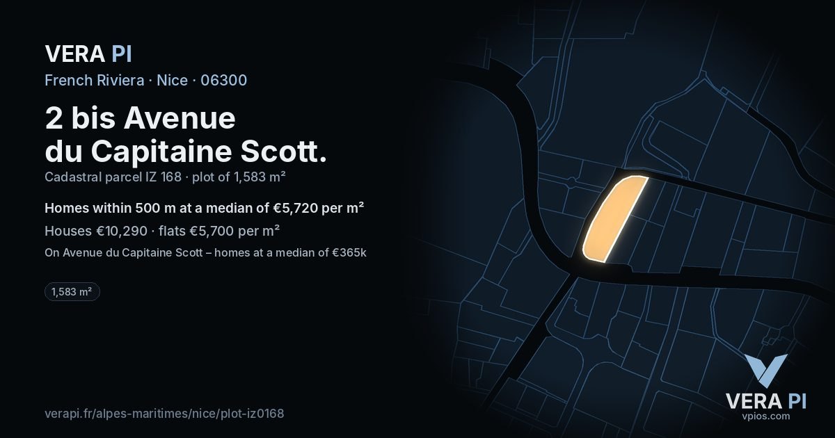 2 bis Avenue du Capitaine Scott, Nice at night – the plot lit, the parcels around coloured by the prices near them