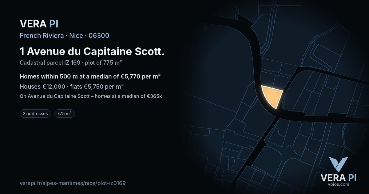 1 Avenue du Capitaine Scott, Nice at night – the plot lit, the parcels around coloured by the prices near them