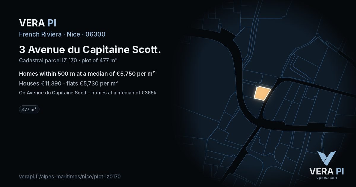 3 Avenue du Capitaine Scott, Nice at night – the plot lit, the parcels around coloured by the prices near them