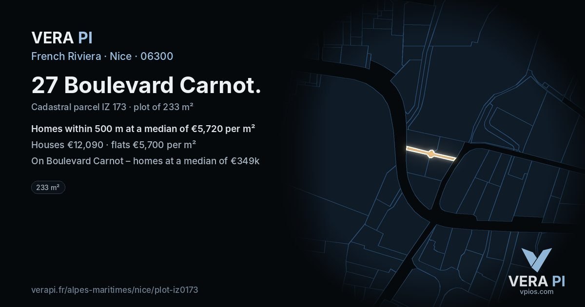 27 Boulevard Carnot, Nice at night – the plot lit, the parcels around coloured by the prices near them