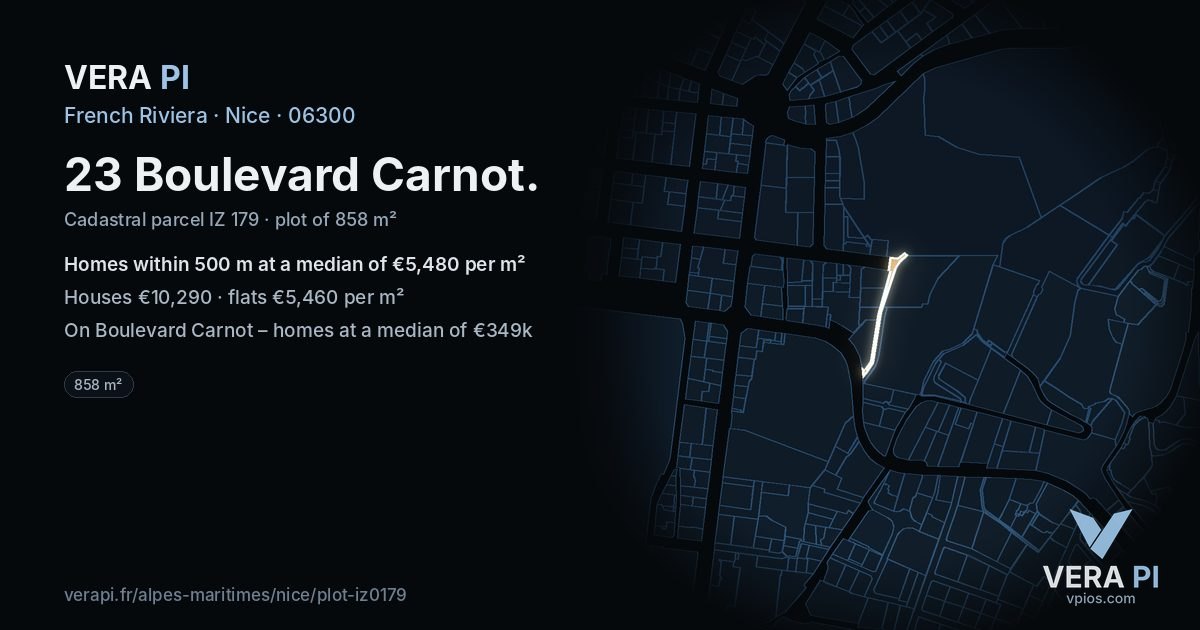 23 Boulevard Carnot, Nice at night – the plot lit, the parcels around coloured by the prices near them