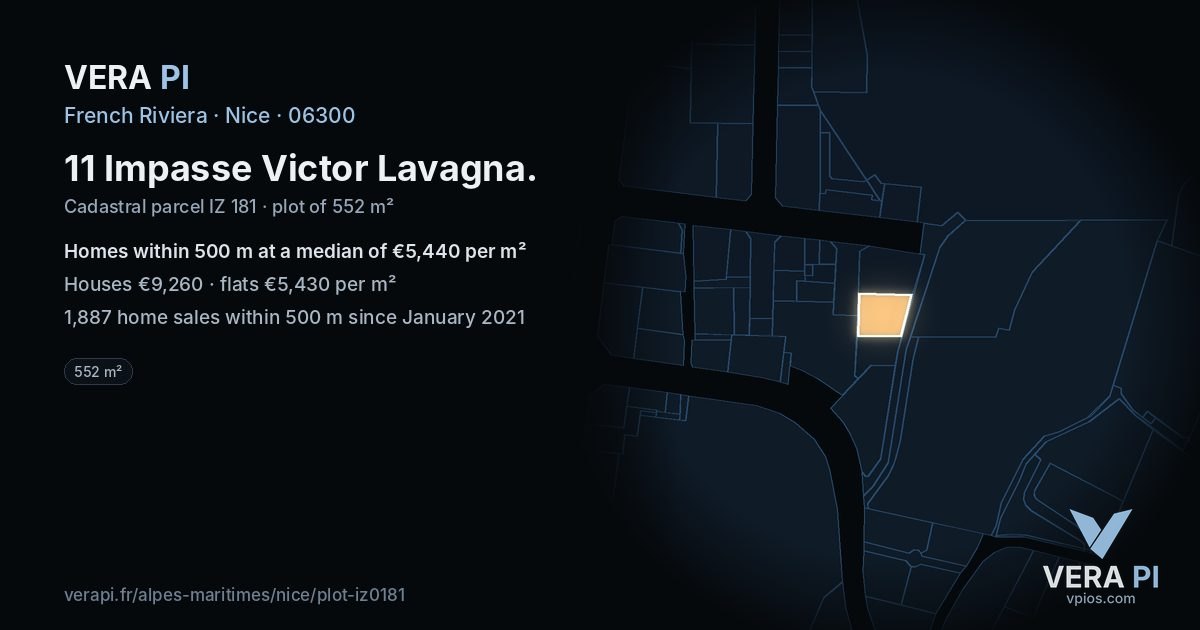 11 Impasse Victor Lavagna, Nice at night – the plot lit, the parcels around coloured by the prices near them