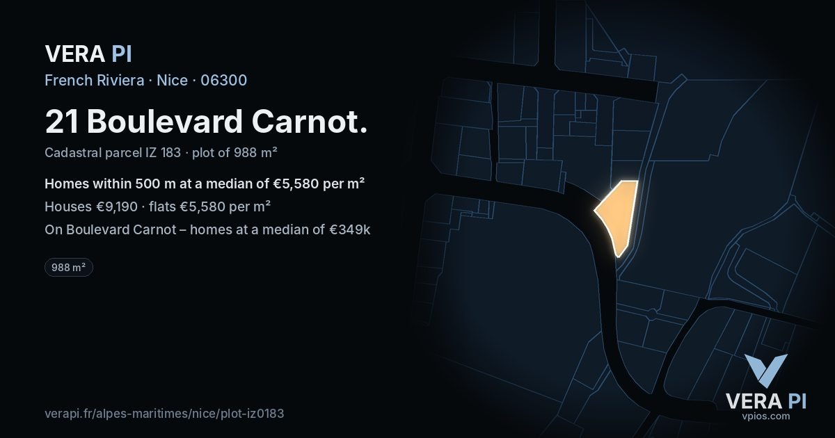 21 Boulevard Carnot, Nice at night – the plot lit, the parcels around coloured by the prices near them