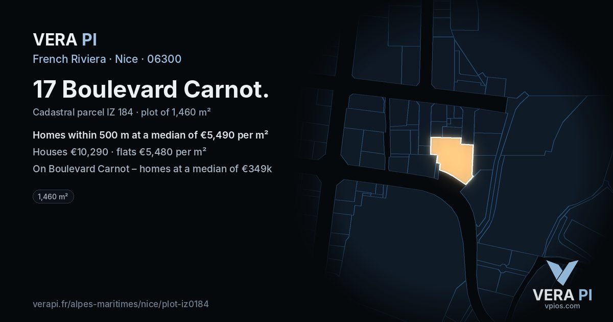 17 Boulevard Carnot, Nice at night – the plot lit, the parcels around coloured by the prices near them