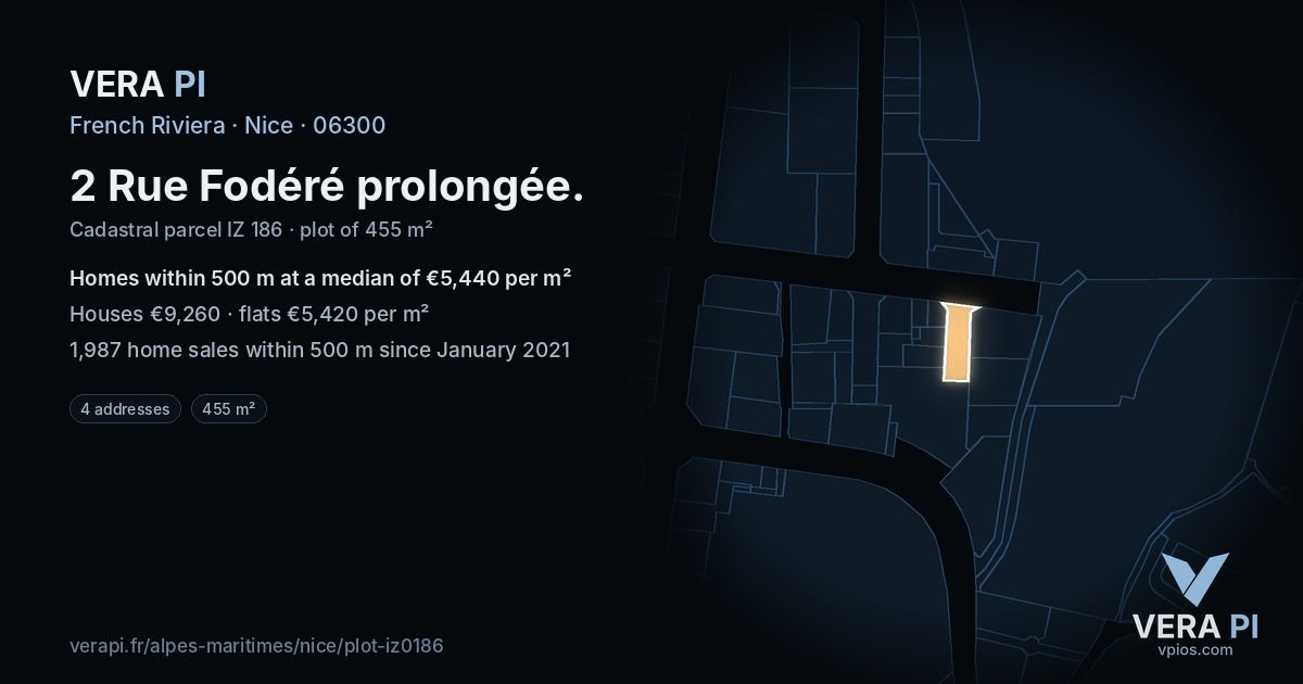 2 Rue Fodéré prolongée, Nice at night – the plot lit, the parcels around coloured by the prices near them