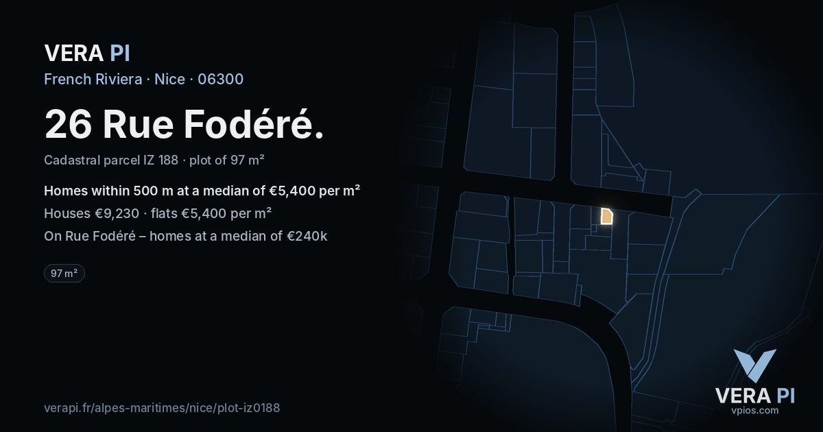 26 Rue Fodéré, Nice at night – the plot lit, the parcels around coloured by the prices near them