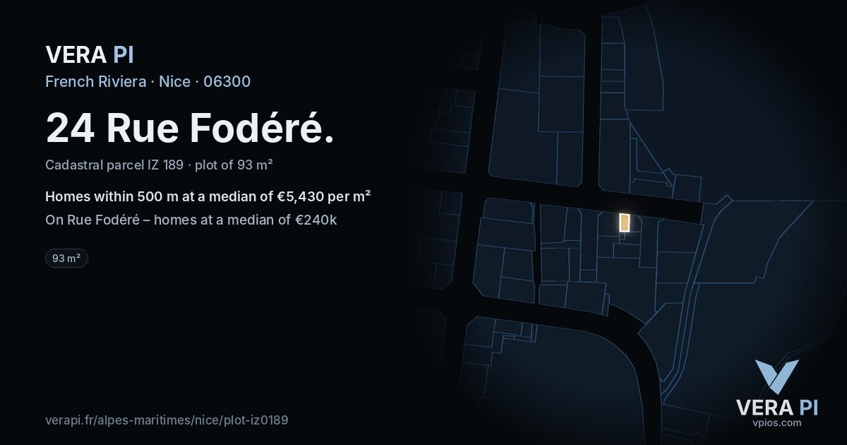 24 Rue Fodéré, Nice at night – the plot lit, the parcels around coloured by the prices near them