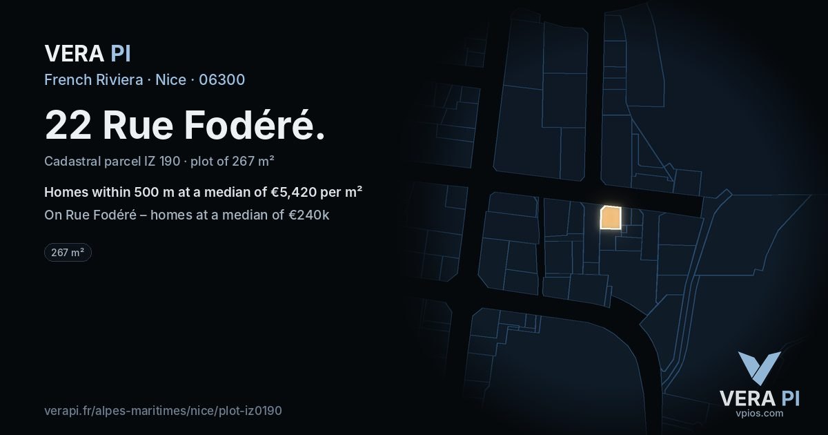 22 Rue Fodéré, Nice at night – the plot lit, the parcels around coloured by the prices near them