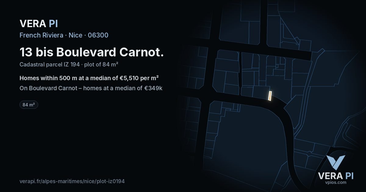 13 bis Boulevard Carnot, Nice at night – the plot lit, the parcels around coloured by the prices near them