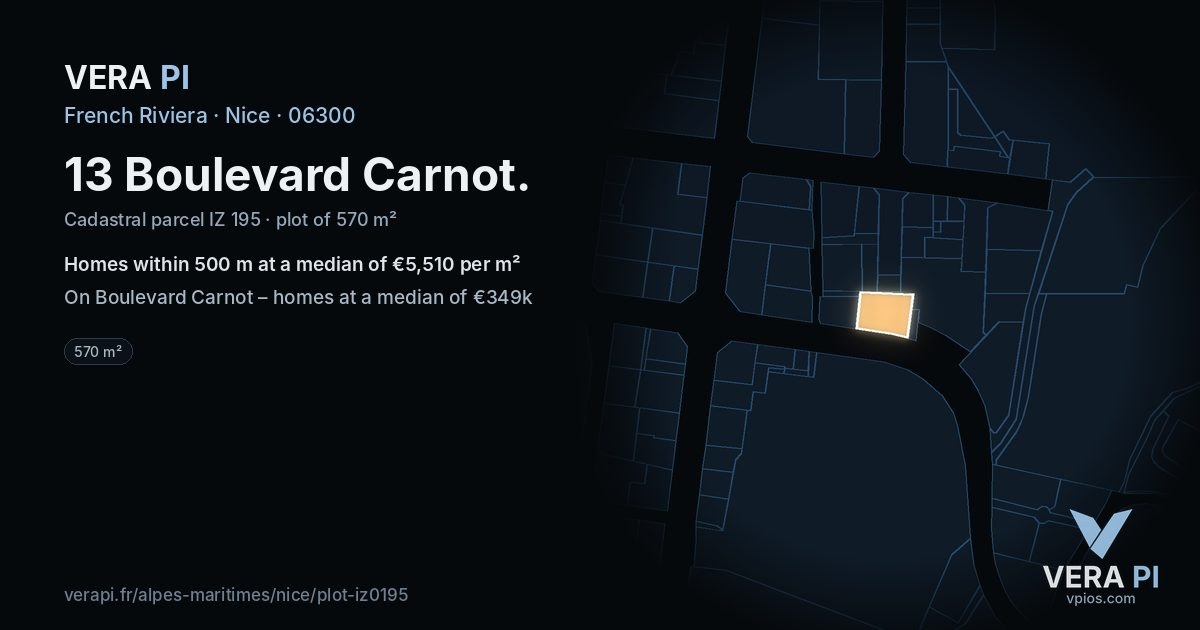 13 Boulevard Carnot, Nice at night – the plot lit, the parcels around coloured by the prices near them