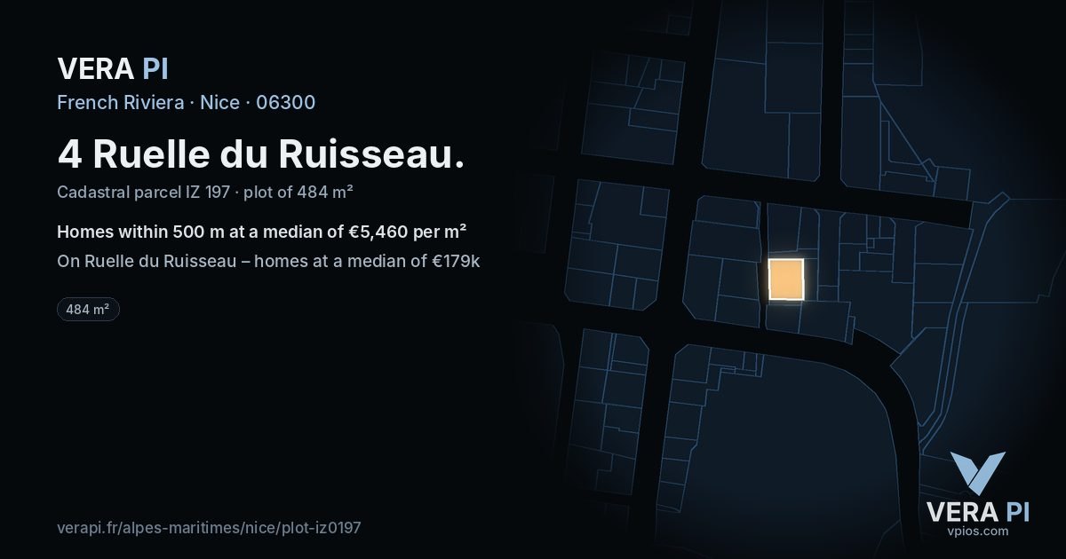 4 Ruelle du Ruisseau, Nice at night – the plot lit, the parcels around coloured by the prices near them