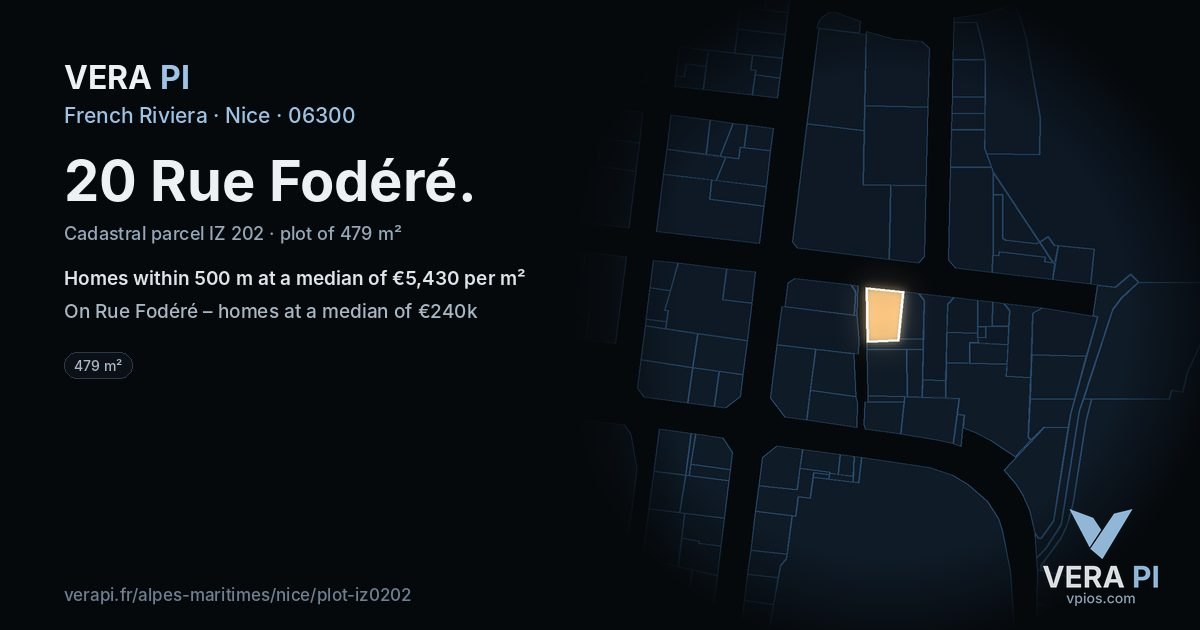 20 Rue Fodéré, Nice at night – the plot lit, the parcels around coloured by the prices near them