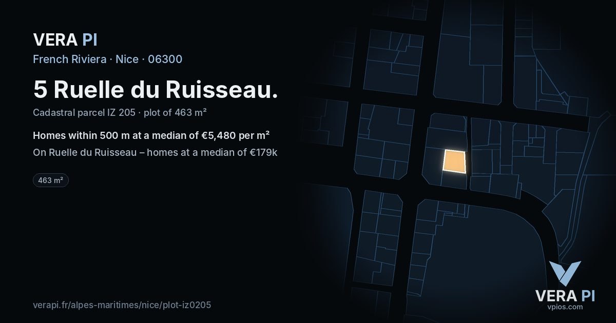 5 Ruelle du Ruisseau, Nice at night – the plot lit, the parcels around coloured by the prices near them