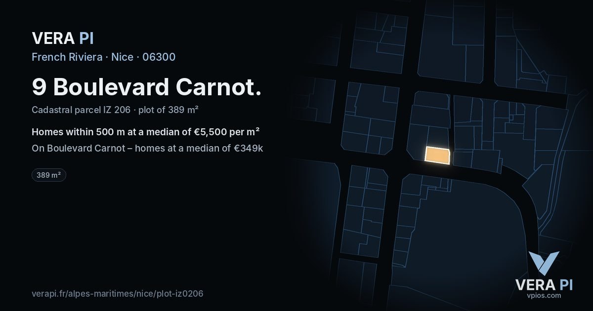 9 Boulevard Carnot, Nice at night – the plot lit, the parcels around coloured by the prices near them