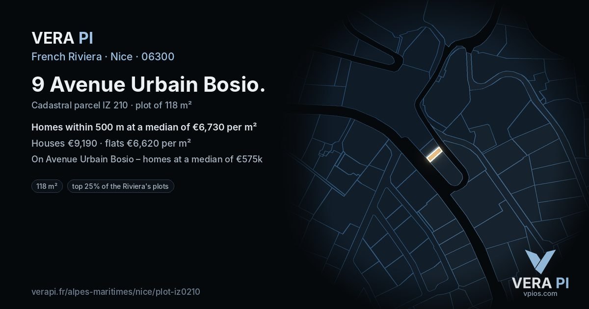 9 Avenue Urbain Bosio, Nice at night – the plot lit, the parcels around coloured by the prices near them