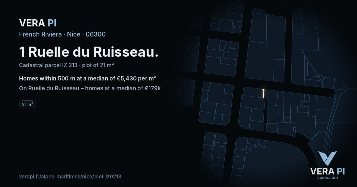1 Ruelle du Ruisseau, Nice at night – the plot lit, the parcels around coloured by the prices near them