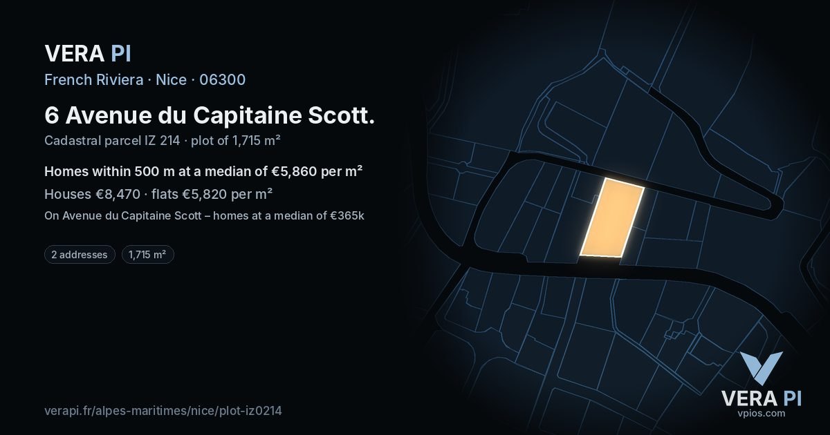 6 Avenue du Capitaine Scott, Nice at night – the plot lit, the parcels around coloured by the prices near them