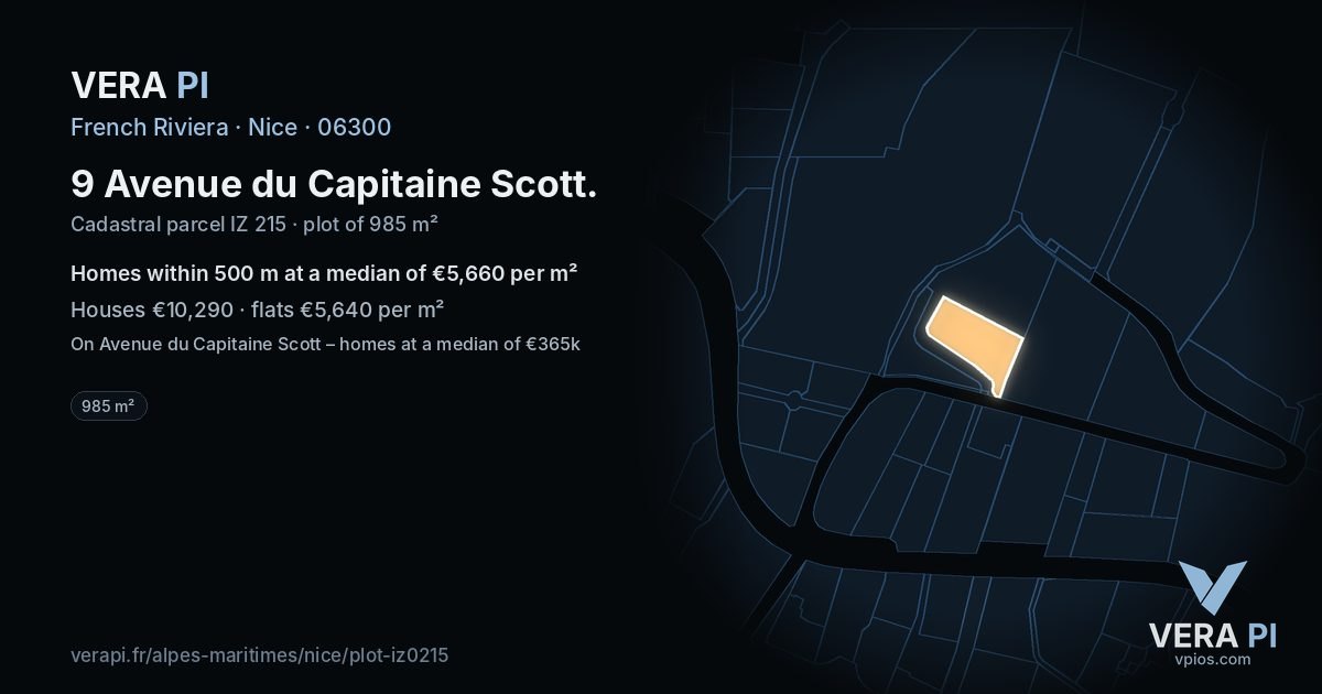 9 Avenue du Capitaine Scott, Nice at night – the plot lit, the parcels around coloured by the prices near them