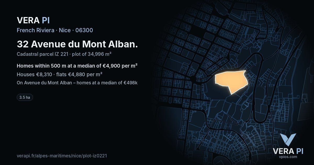 32 Avenue du Mont Alban, Nice at night – the plot lit, the parcels around coloured by the prices near them