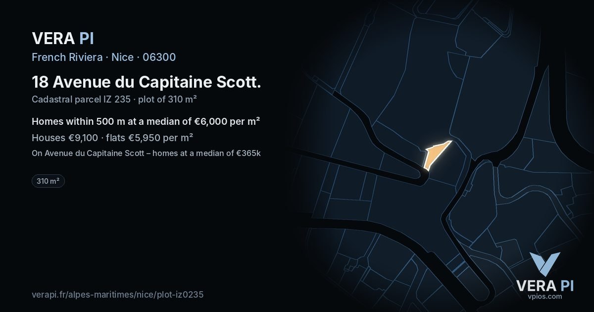 18 Avenue du Capitaine Scott, Nice at night – the plot lit, the parcels around coloured by the prices near them