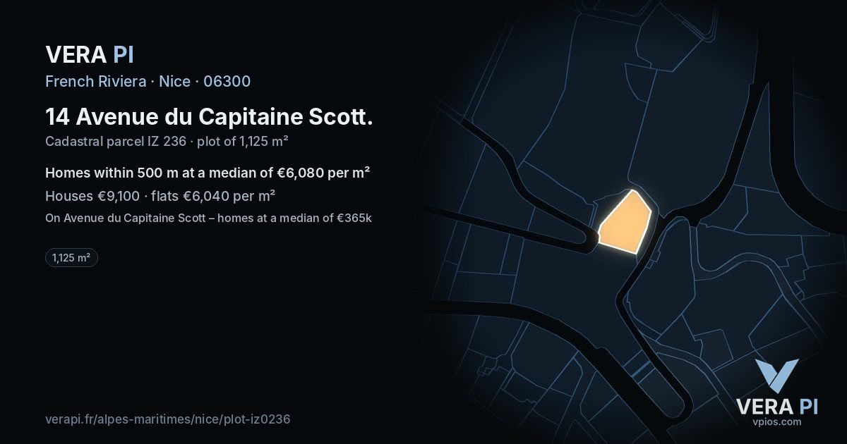 14 Avenue du Capitaine Scott, Nice at night – the plot lit, the parcels around coloured by the prices near them