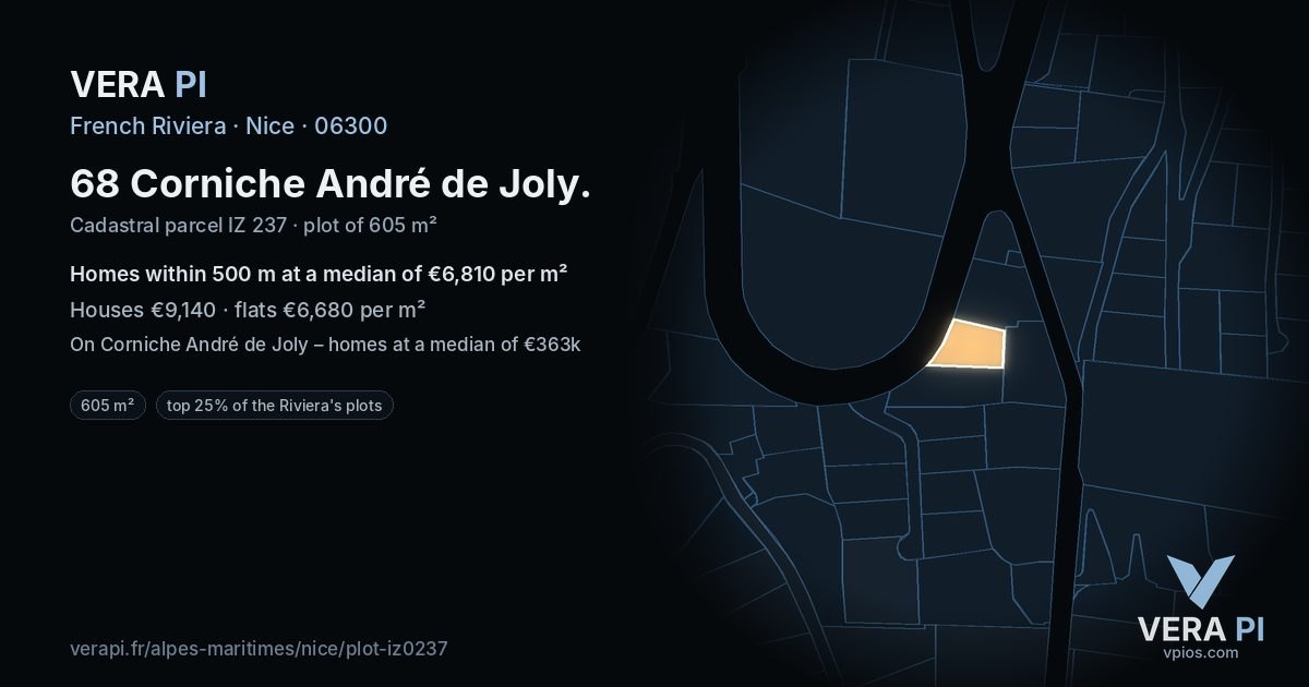 68 Corniche André de Joly, Nice at night – the plot lit, the parcels around coloured by the prices near them