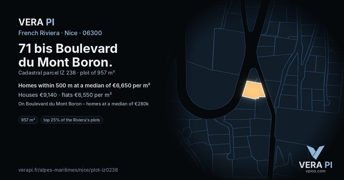 71 bis Boulevard du Mont Boron, Nice at night – the plot lit, the parcels around coloured by the prices near them
