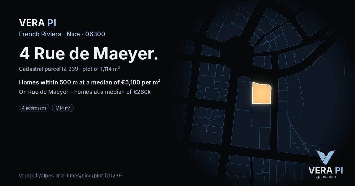 4 Rue de Maeyer, Nice at night – the plot lit, the parcels around coloured by the prices near them