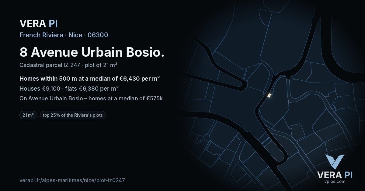 8 Avenue Urbain Bosio, Nice at night – the plot lit, the parcels around coloured by the prices near them