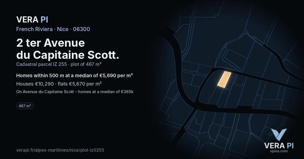 2 ter Avenue du Capitaine Scott, Nice at night – the plot lit, the parcels around coloured by the prices near them