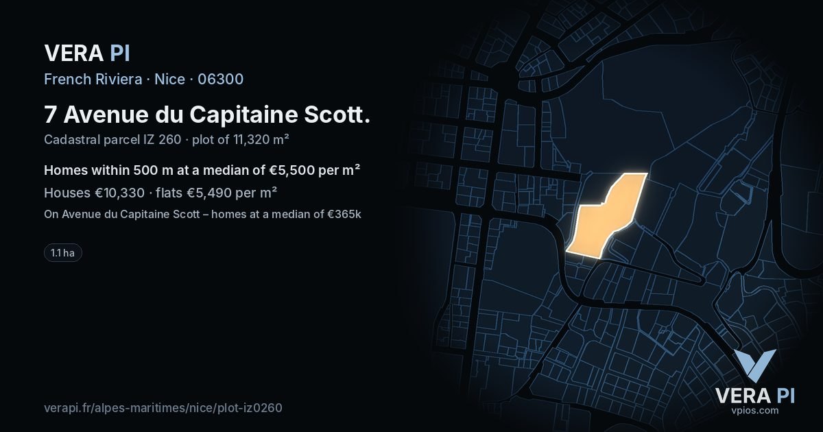 7 Avenue du Capitaine Scott, Nice at night – the plot lit, the parcels around coloured by the prices near them