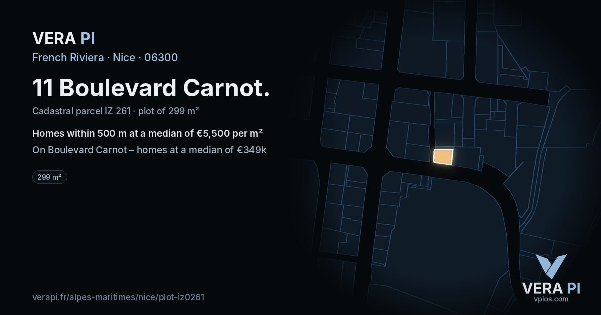 11 Boulevard Carnot, Nice at night – the plot lit, the parcels around coloured by the prices near them