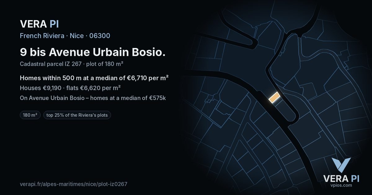 9 bis Avenue Urbain Bosio, Nice at night – the plot lit, the parcels around coloured by the prices near them