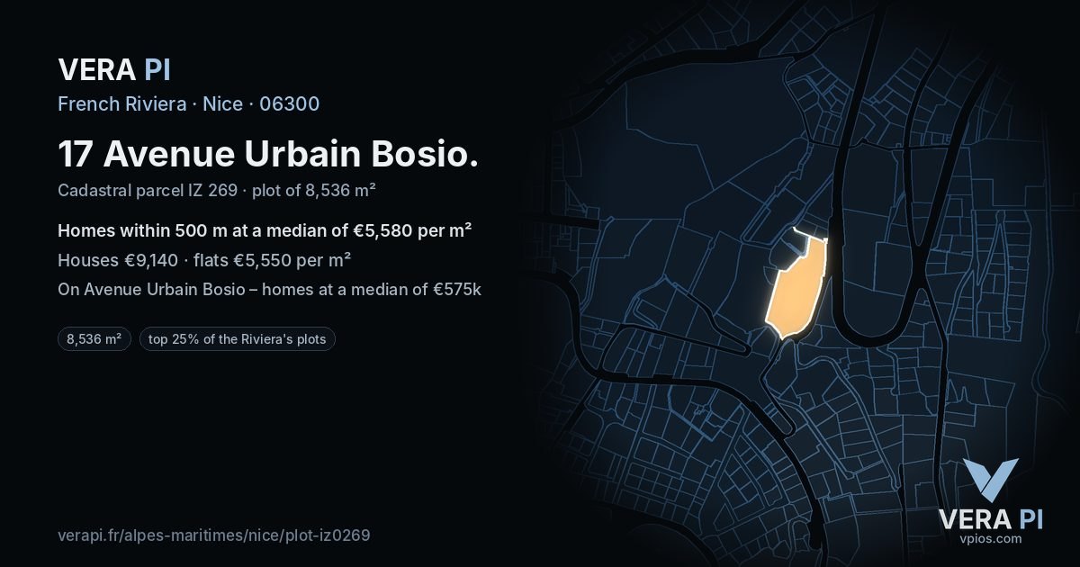17 Avenue Urbain Bosio, Nice at night – the plot lit, the parcels around coloured by the prices near them