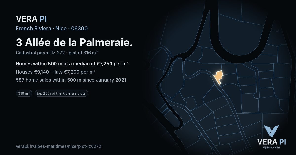3 Allée de la Palmeraie, Nice at night – the plot lit, the parcels around coloured by the prices near them