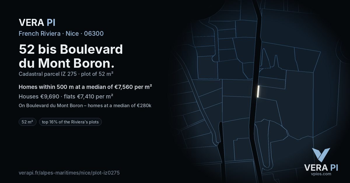52 bis Boulevard du Mont Boron, Nice at night – the plot lit, the parcels around coloured by the prices near them