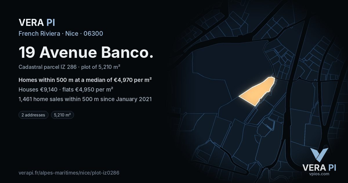 19 Avenue Banco, Nice at night – the plot lit, the parcels around coloured by the prices near them