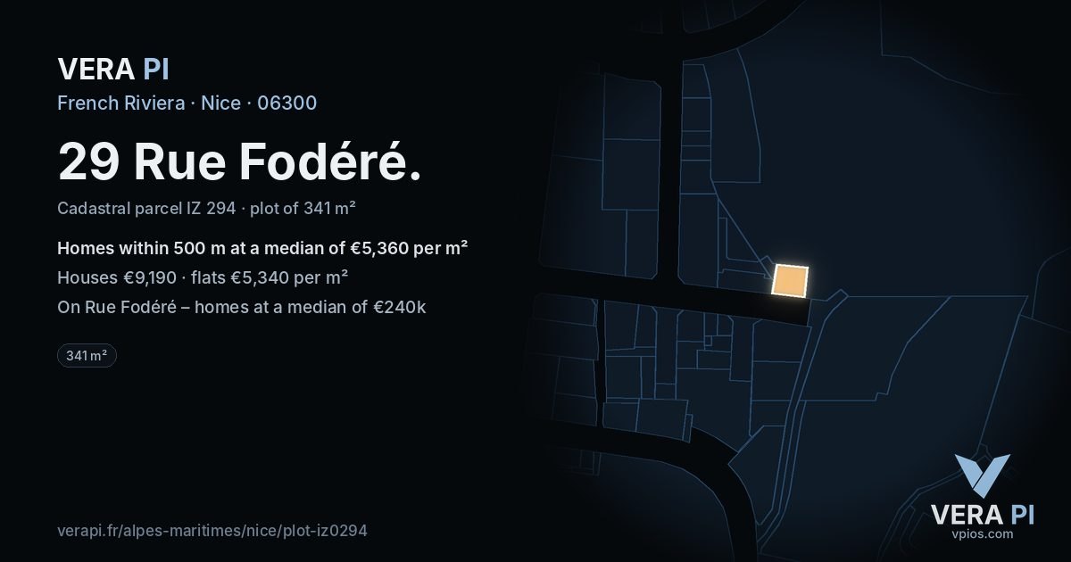 29 Rue Fodéré, Nice at night – the plot lit, the parcels around coloured by the prices near them