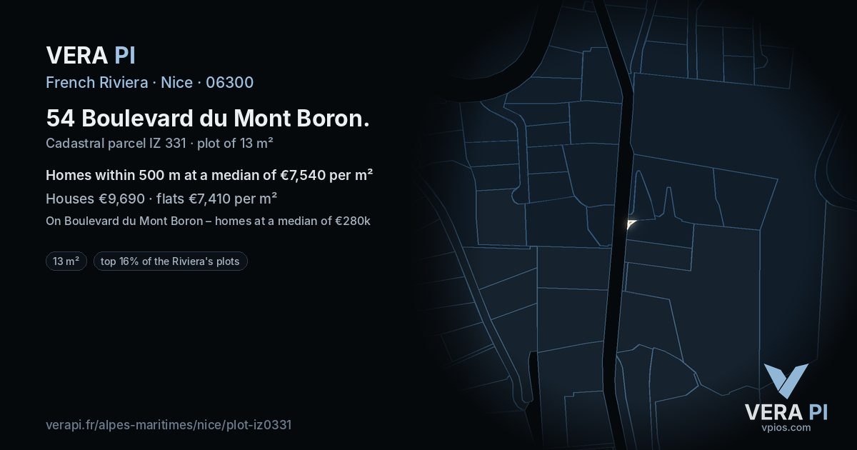 54 Boulevard du Mont Boron, Nice at night – the plot lit, the parcels around coloured by the prices near them