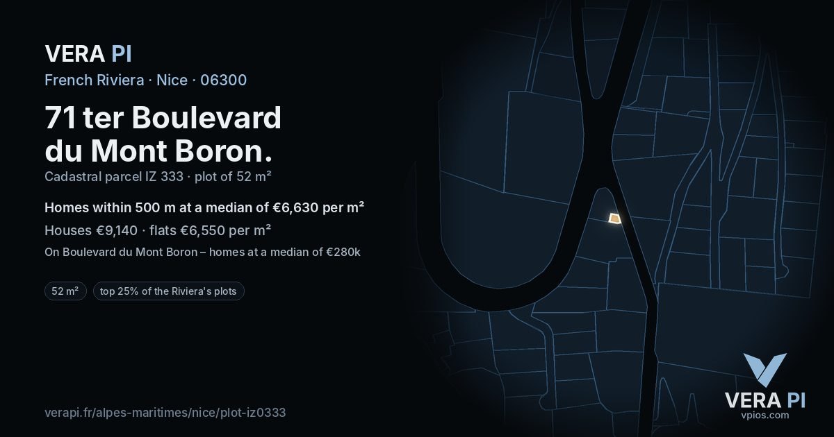 71 ter Boulevard du Mont Boron, Nice at night – the plot lit, the parcels around coloured by the prices near them