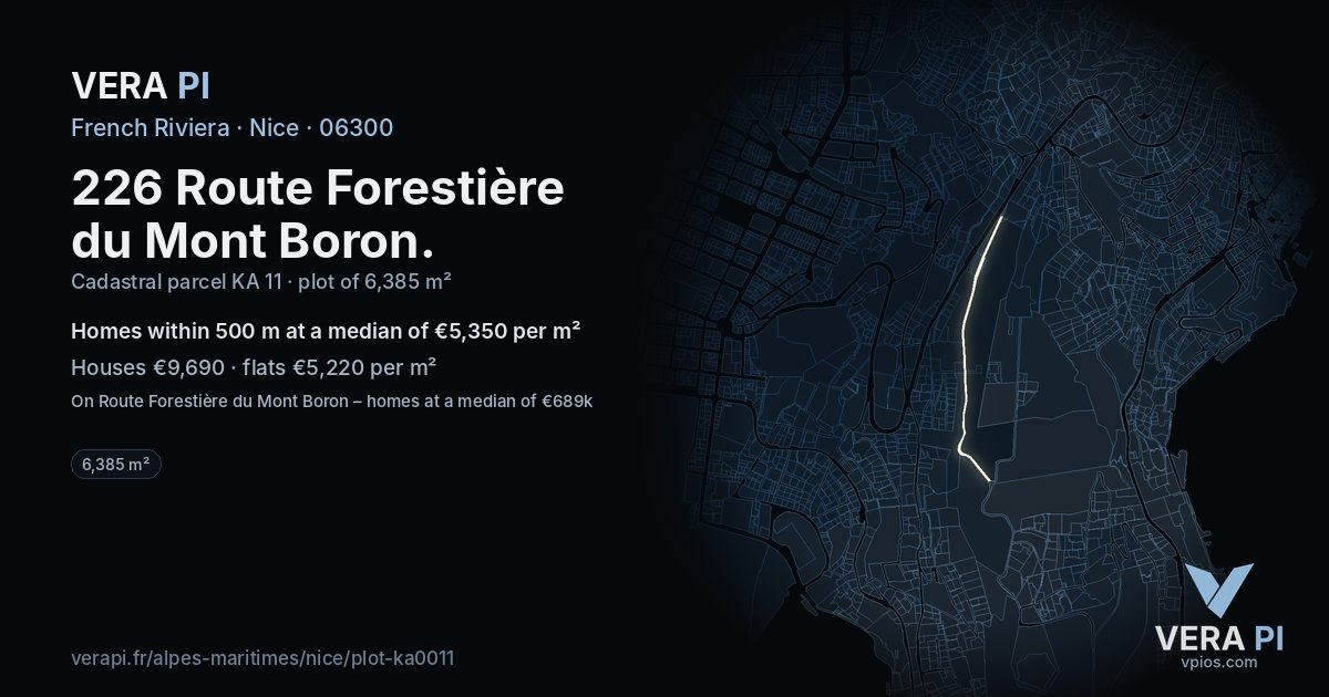226 Route Forestière du Mont Boron, Nice at night – the plot lit, the parcels around coloured by the prices near them