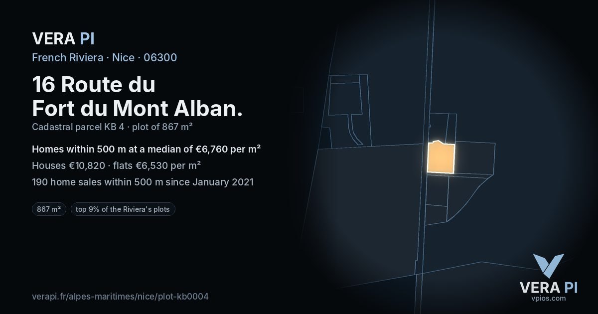16 Route du Fort du Mont Alban, Nice at night – the plot lit, the parcels around coloured by the prices near them
