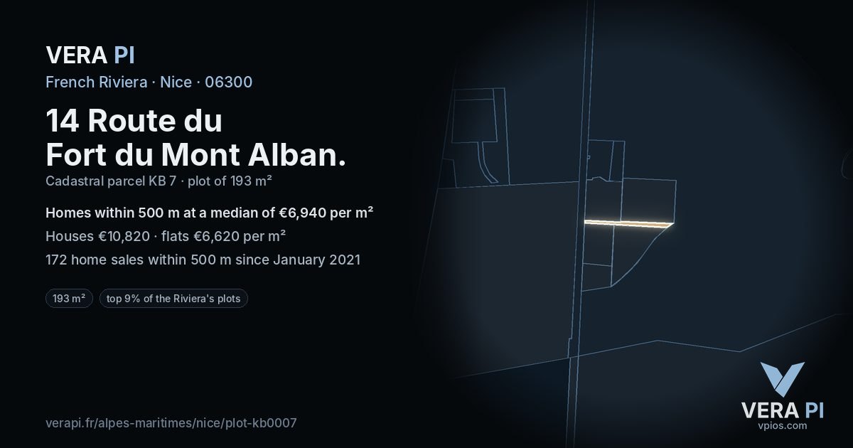 14 Route du Fort du Mont Alban, Nice at night – the plot lit, the parcels around coloured by the prices near them