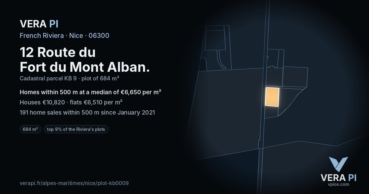 12 Route du Fort du Mont Alban, Nice at night – the plot lit, the parcels around coloured by the prices near them